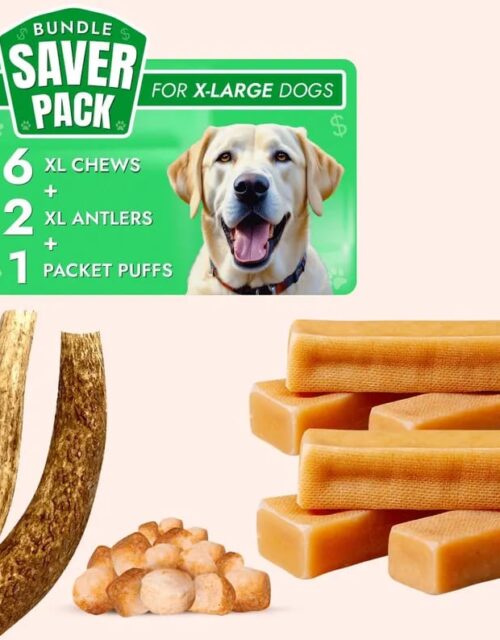 XL Dog Super Saver Pack – 6 Yak Chews, 2 Jumbo Antlers & 1 Crunchy Puff – Long-Lasting Natural Treats for a Healthy Dog