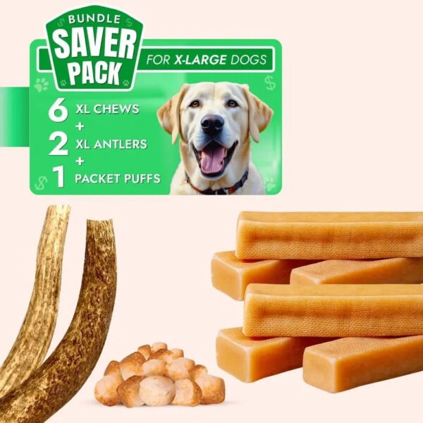 XL Dog Super Saver Pack – 6 Yak Chews, 2 Jumbo Antlers & 1 Crunchy Puff – Long-Lasting Natural Treats for a Healthy Dog